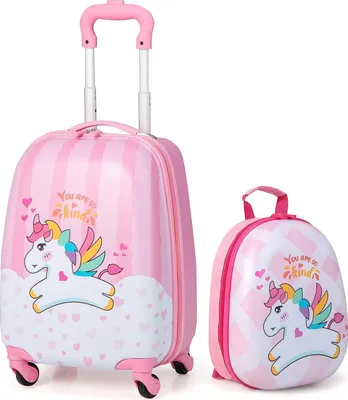 Produktbild von 2 TLG. Kinderkoffer & Rucksack, 16” +12” Kinderkofferset, Kindertrolley Kindergepäck, Handgepäck Reisegepäck Hartschalenkoffer für Kinder (Einhorn)