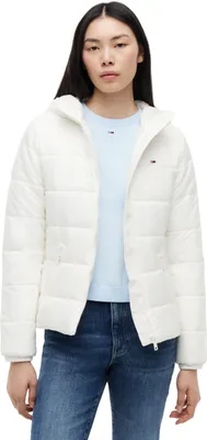 Image de Veste matelassée pour femmes Tommy Jeans, avec capuche et fermeture éclair, couleur ivoire (Ancient White)