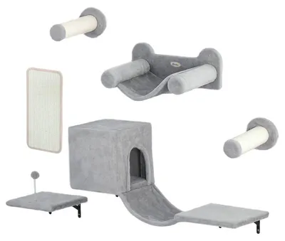 Produktbild von Klimwand für Katzen – 6-teiliges Set mit Hängematte und Kratzbäumen in Grau