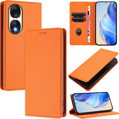 Immagine prodotto di Custodia in pelle per Honor 90, pelle Litschi, custodia a portafoglio con slot per carte e supporto Arancione