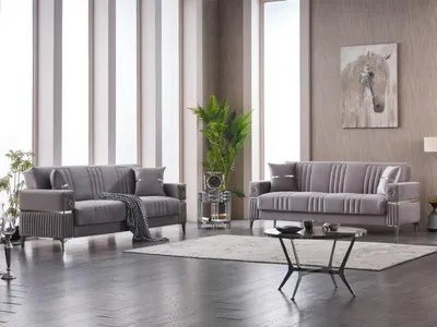 Produktbild von Komplette Dreisitzer Stoffsofa Grau Polstersofa Couch Luxus Sofa Set