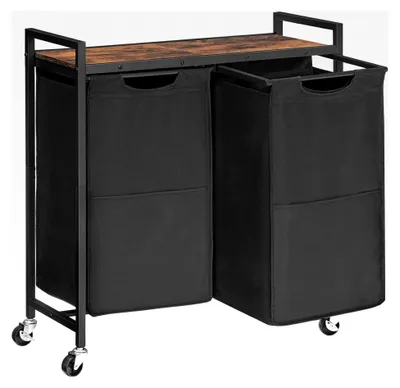 Produktbild von Wäschekorb mit 2 Fächern, Wäschesammler mit Ablage, Wäschebox, Wäschewagen mit Rollen, 2 x 49,5 L, Wäschesack aus Oxford-Gewebe, Ausziehbar und Abnehmbar, Vintagebraun-Schwarz