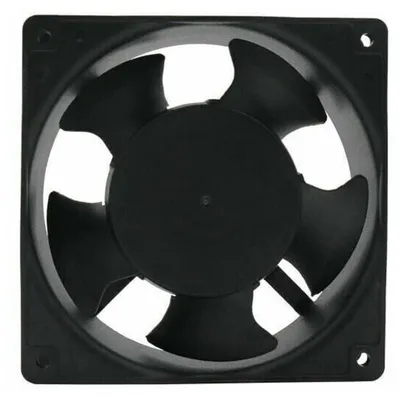 A black square fan with four blades is shown against a white background.