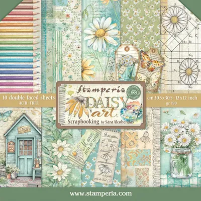 Produktbild von Stamperia Scrapbook-Block Daisy Art, 30,5x30,5 cm, 10 beidseitig bedruckte Blätter, 190 g/m², säurefrei