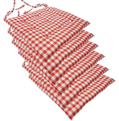 Produktbild von Stuhlkissen 40x40 cm ComfySeat - Sitzkissen mit Bändern / Schleife, 9-fache Steppung - Indoor & Outdoor, Farbe:Karo-Rot, Set:6er Set