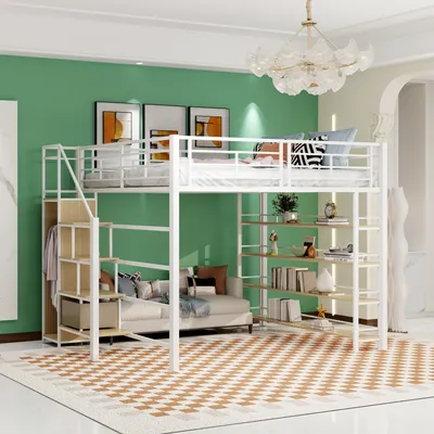 Produktbild von Hochbett, 140x200 cm, Metallbett mit Lattenrost, Regal, Treppe und Rausfallschutz, Kinderbett, Jugendbett