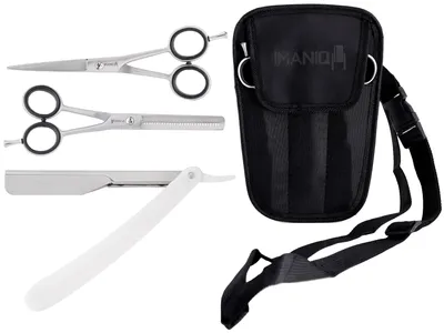 Produktbild von Friseur-Barbier-Set mit Friseurscheren, Haarschneidemaschine, Rasiermesser, Trimmer, Etui für Haar- und Bartpflege im Salon