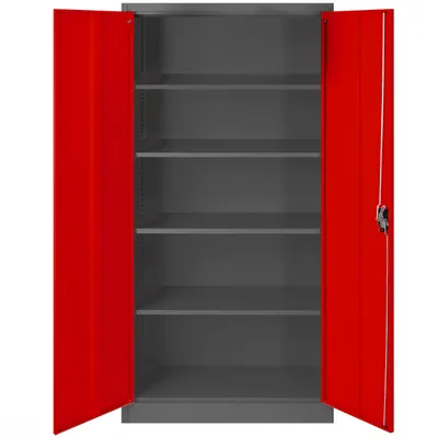 An open red and gray metal cabinet with multiple shelves.
