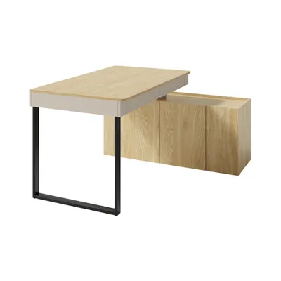Produktbild von Beautysofa -  Moderner Schreibtisch 130 cm mit integrierter Kommode, Bürotisch mit Stauraum, 2 Schubladen und 3 Türen, Computertisch, Sand Beige LICO