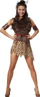 A woman in a cavewoman costume posing for a product image.