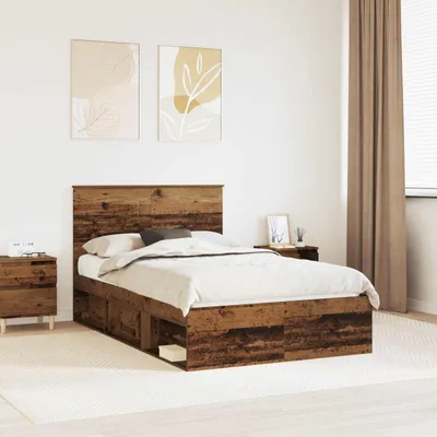 Image de Lit simple - Structure de lit en bois massif, finition bois vieilli, dimensions 135 x 190 cm, en pin massif