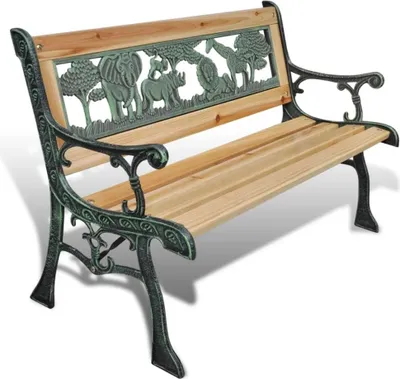 A garden bench with a wooden seat and cast iron legs decorated with animal motifs.