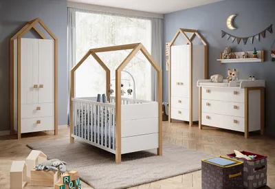Produktbild von Babyzimmer Komplett Set 5-teilig mit Wickelkommode, Kiefer teilmassiv weiß, Birke, BARI-78