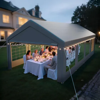 Produktbild von Pavillon 4x8m Grau mit 2 Seitenwänden & 2 Giebelteilen, UV-beständig, Wasserdicht, Stahlgestänge, PE-Plane