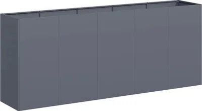 A gray planter box with six vertical panels.