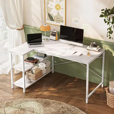 Produktbild von L-förmiger Eck-Schreibtisch 120 cm weiß mit 2 Ablagen, umkehrbar