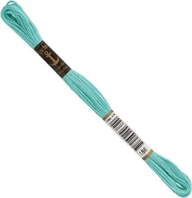 A single skein of teal embroidery thread is shown diagonally against a white background.