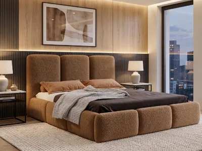 Produktbild von Polsterbett 200x200 cm mit Bettkasten VARDO, Stauraum und Metall-Lattenrost – Bouclé Stoff Braun