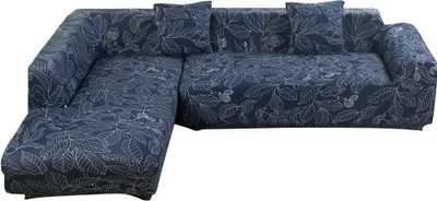 Image de Housses de canapé en L, 2 housses en tissu polyester stretch + 2 housses de coussin de canapé en L, feuilles bleues