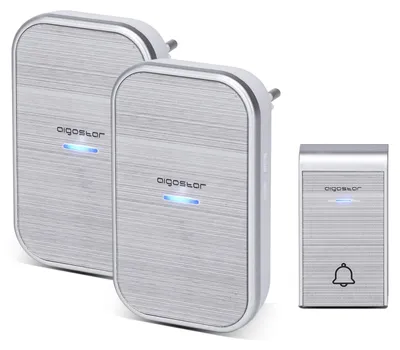 Image de Kit de sonnette sans fil portable étanche Aigostar, kit de sonnette sans fil, sonnette sans fil, LED clignotante, 36 mélodies, portée de 150 m, branchement sur prise électrique, 1 bouton de sonnette et 2 récepteurs