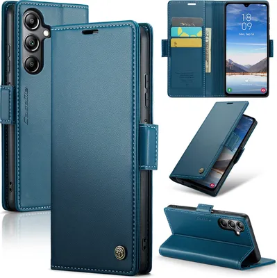 A collage of images showcasing a blue leather wallet-style phone case for a Samsung Galaxy A05S, displaying its features like card slots and stand function.