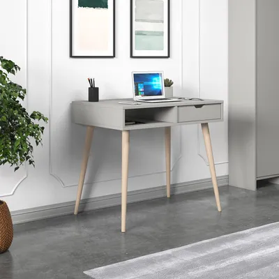 Produktbild von Skye Decor, Hochwertiger Schreibtisch, 90 x 80 x 60 cm, 100% melaminbeschichtete Spanplatte, 18 mm dick, mit zahlreichen Regalen, Wandmontage möglich, Grau & Holz, skandinavisches Design.