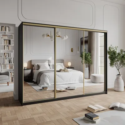Produktbild von Masseno Schiebetürenschrank RIEN 270/205/60 cm Kleiderschrank mit Schubladen Schlafzimmer Schrank 3-türig mit Spiegel Schwarz + Gold