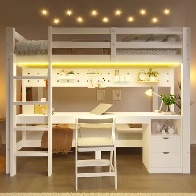 Produktbild von Hochbett 90 x 200 cm und 140 x 200 cm aus Kiefernholz mit Schubladen, Schreibtisch, Lochplatte, LED-Lichtleiste, Weiß