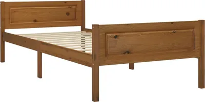 A wooden bed frame with a slatted base, shown from a side angle against a white background.