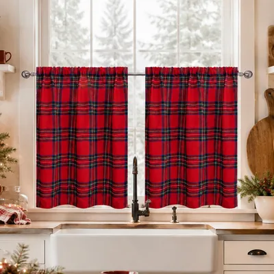 Produktbild von 2er Set Scheibengardinen Weihnachten Tartan Bistrogardinen Kurzgardinen Vorhänge Stangendurchzug Gardinen, Rot, B62xH94cm