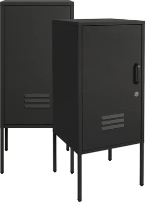 Two black metal lockers with legs are shown against a white background.