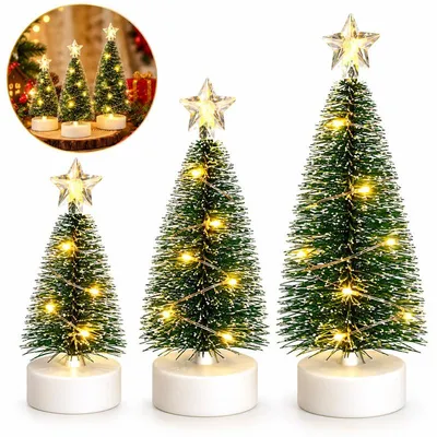 Produktbild von Mini Weihnachtsbaum mit Beleuchtung 3er-Set, künstliche Tannenbäume mit warmweißem LED-Licht, Schneeeffekt und Weihnachtsstern