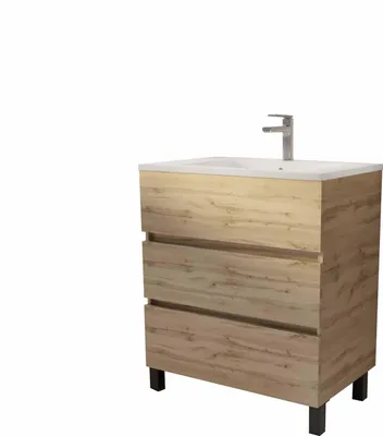 Image de Meuble de salle de bains 70 cm TIMBER -Reproduction Chêne Naturel 3 tiroirs avec Vasque blanche