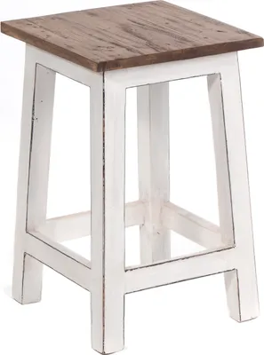 A square wooden stool with a distressed white base and a natural wood top, shown against a white background.