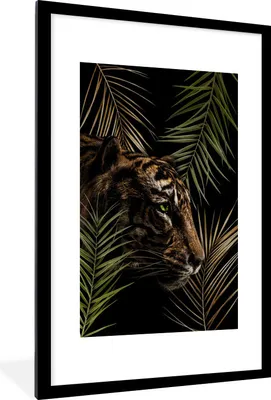 Produktbild von MuchoWow® MuchoWow® Gerahmtes Poster Tiger - Pflanzen - Palme 60x90 cm - Poster mit zchwarzem Bilderrahmen - Dekoration - Wandposter Wohnzimmer - Hochwertig