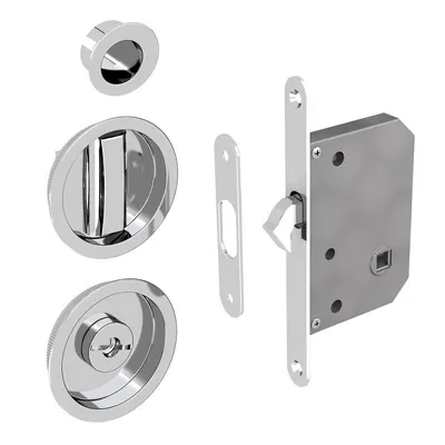 Produktbild von WC Hakenschloss Set für Schiebetüren, runde Türrosette mit Griffmulde, Badezimmerschloss, Einsteckschloss, silber verchromt