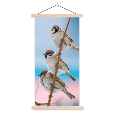 Produktbild von MuchoWow® Textilposter Vögel - Spatz - Tiere - Äste 60x120 cm mit holzfarbenen Rahmen - Holz