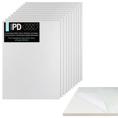 Produktbild von Leichtschaumplatten selbstklebend 25x35 cm Weiß 10 mm stark (10 Stück) – Foamboard, Schaumstoffplatte & Leichtschaum für Basteln / Modellbau