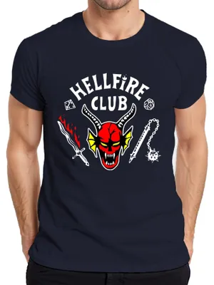 Immagine prodotto di Maglietta HELLFIRE CLUB Demon Skull Horns D20 Flaming Sword Roleplay Uomo, Navy, S