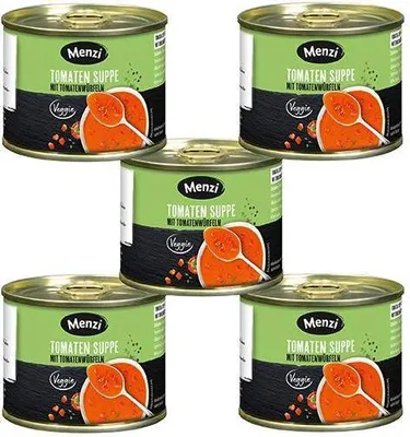 Produktbild von Menzi Tomaten Suppe 1000 Ml Dosen Tafelfertig - in der praktischen 5er Stange = 5 Dosen à 200 ml Vegetarisch Glutenfrei