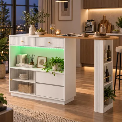 Obrázok produktu pre MODFU Výsuvný kuchynský ostrov s LED osvetlením, otočný barový stôl o 360° s akryllovými posuvnými dvierkami, bistro stôl s multifunkčnou pracovnou doskou, biela