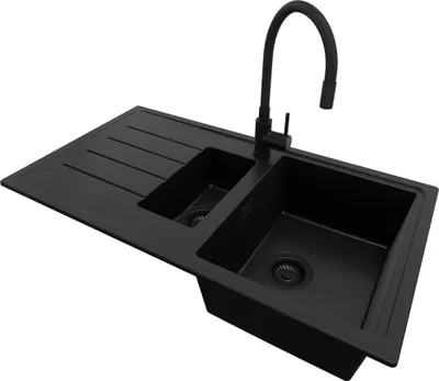 A black double basin kitchen sink with a black faucet, shown from a diagonal angle against a white background.
