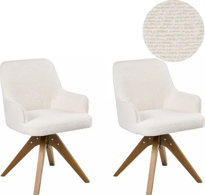 Produktbild von BELIANI Drehbarer Esszimmerstuhl 2er Set Cremeweiß Bouclé Stoff Braune Holzbeine Gepolstert Moderner Stil Drehstühle Polsterstühle Esszimmer