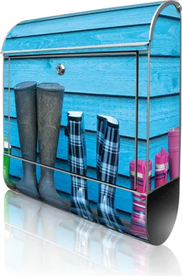 Produktbild von banjado Design Briefkasten Stahl silber mit Zeitungsfach pulverbeschichtet "Gummistiefel" 38x46x12,5cm & 2 Schlüssel - Postkasten A4 Einwurf inkl. Montagematerial [BK 10359]