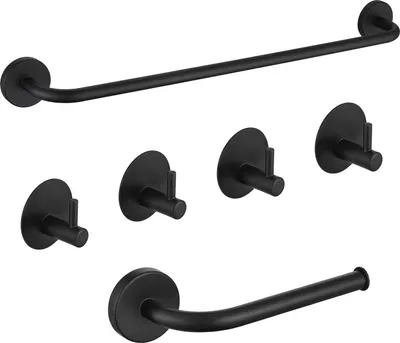 Produktbild von Auralum Edelstahl Handtuchhalter 6-teiliges Set, 4 Stück Handtuchhaken, Bad Handtuchstange, Toilettenpapierhalter, 2 Arten der Installation, Schwarz