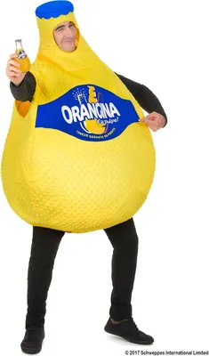 A person wearing an Orangina bottle costume and holding a small bottle of Orangina.