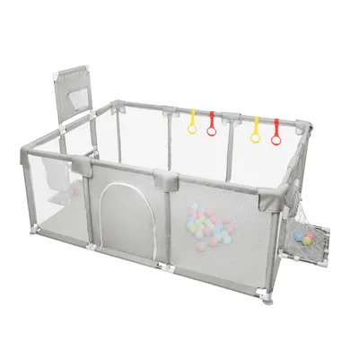 Image de Parc pour bébé 180*120cm Barrière de sécurité avec 50 ballons, panier de basket, maille respirante Gris clair