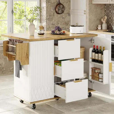 Produktbild von Mobiler Küchenwagen mit erweiterbarer Arbeitsfläche, Stromanschluss & viel Stauraum, Weiß-Holzoptik, ideal für flexible Küchenlösungen, belastbar bis 70kg