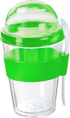 Immagine prodotto di Tazza per cereali "Spoon" trasparente con cucchiaio in plastica bianca - Tazza per yogurt da asporto con coperchio e cucchiaio - Contenitore per il pranzo con porta-cucchiaio per il viaggio - adatto per latte e yogurt Trasparente