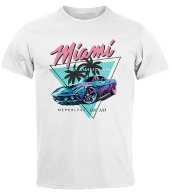 Produktbild von Herren T-Shirt Bedruckt Miami Beach Surfing Motiv USA Retro Automobil 80er Fashion Streetstyle Neverless® weiß XXL